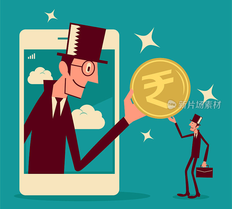 The giant businessman (government) showing up on a big smart phone screen is giving Indian Rupee currency to a small businessman, concept about: to support small local businesses